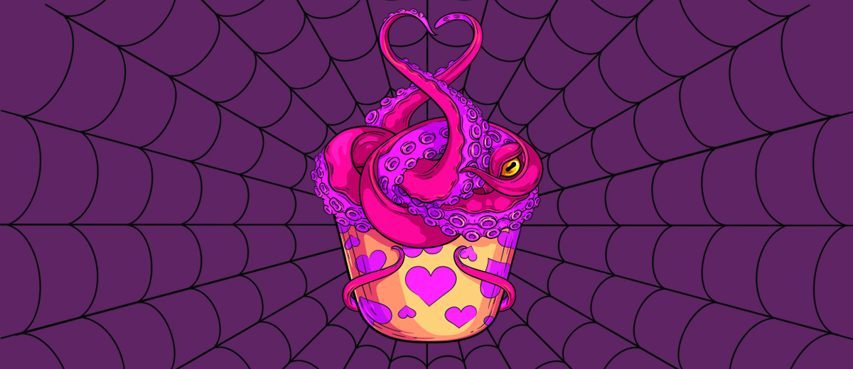 Monster making a heart with tentacles set on purple web background