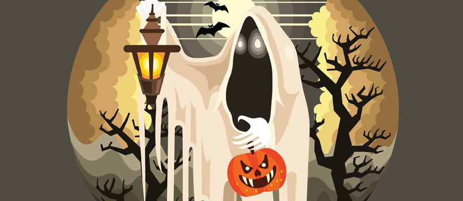 a ghost holds a lantern in an eerie Halloween scene