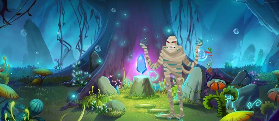 an eerie forest with a glowing crystal inside a tree's hollow. A mummy stands nearby.