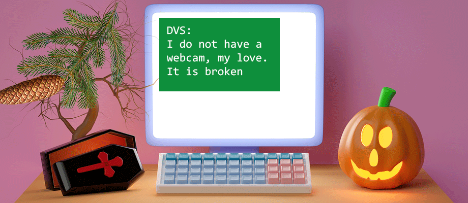 Copmuter screen with text message from "DVS," which says "I do not have a webcam, my love. It is broken." Next to the computer is a pine tree and halloween decorations.