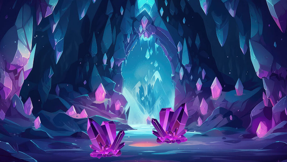 a mysterious cave glows with intriguing purple fright crystals