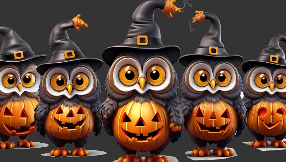 Ceramic Halloween owls with witch hats and pumpkins
