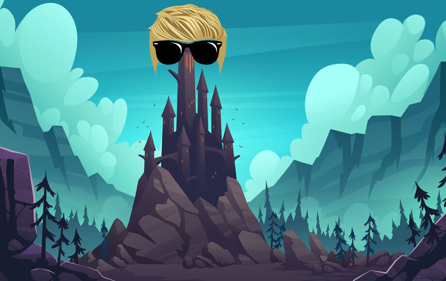 A creepy castle in the mountains, topped by a blond wig and sunglasses