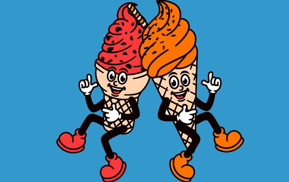 Two ice creams with swirl tops cavort together