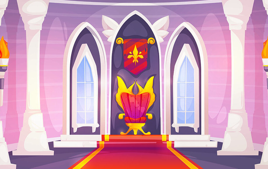 a throne room with pillars