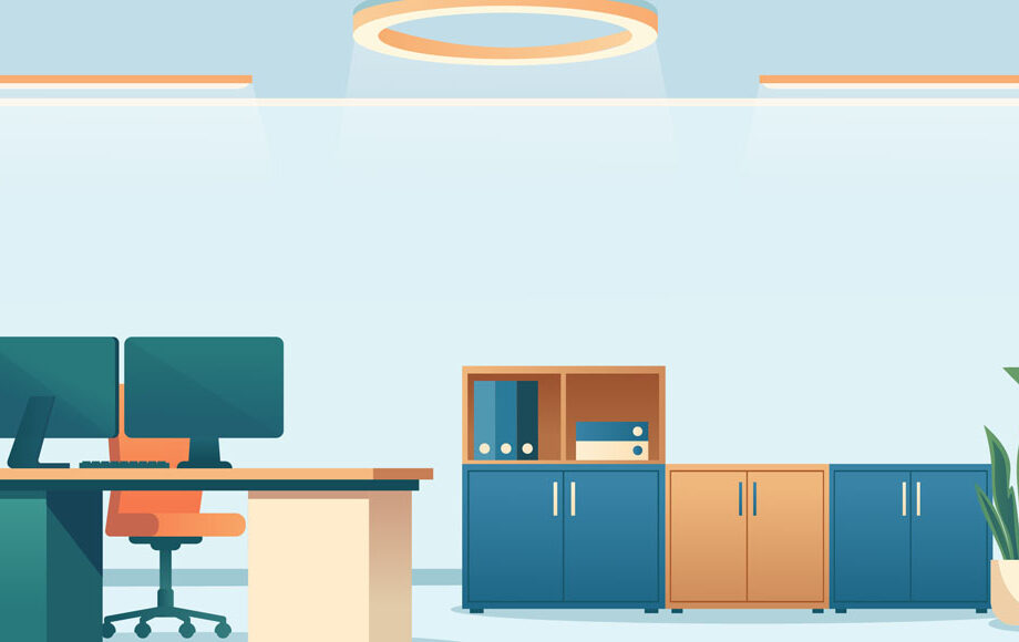 an office with computer and cabinets