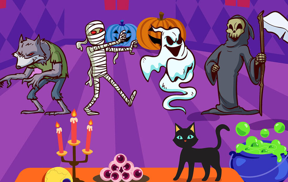 a monster Halloween party with a mummy, ghost, werewolf and grim reaper.